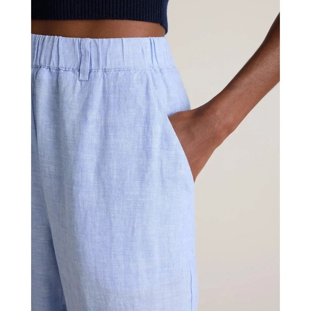 Quince 100% European Linen Pants French Blue Straight Leg Elastic Waist Large